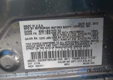 2014 Mitsubishi Outlander Sport Es z USA, uszkodzony, nr VIN 4A4AP3AU0EE004622